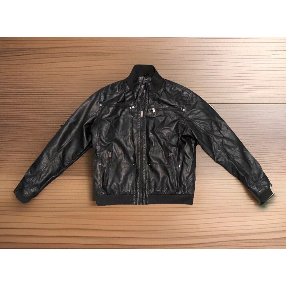 Mens Size XL Faux Leather Heavy Bomber Jacket Dark Black Biker Full Zip Rock